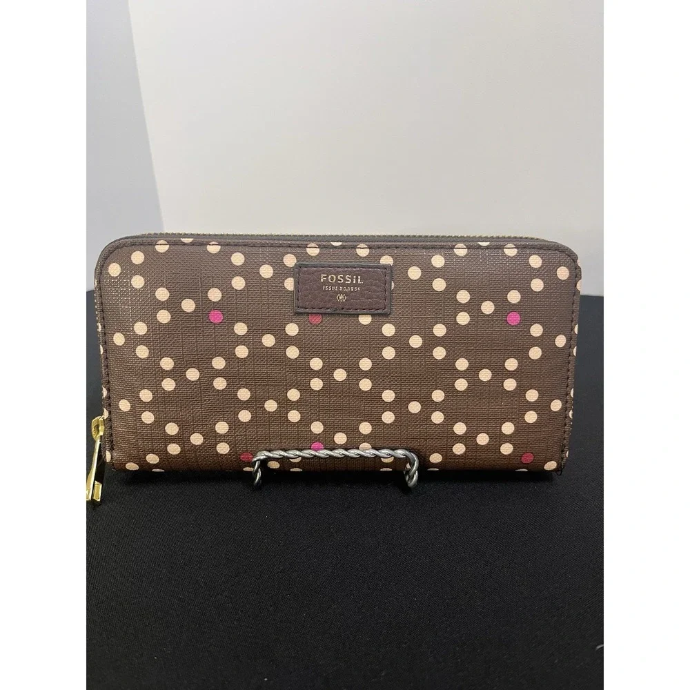 Fossil Sydney Clutch Wallet Brown Pink Polka Dot Coated Canvas Organizer A467